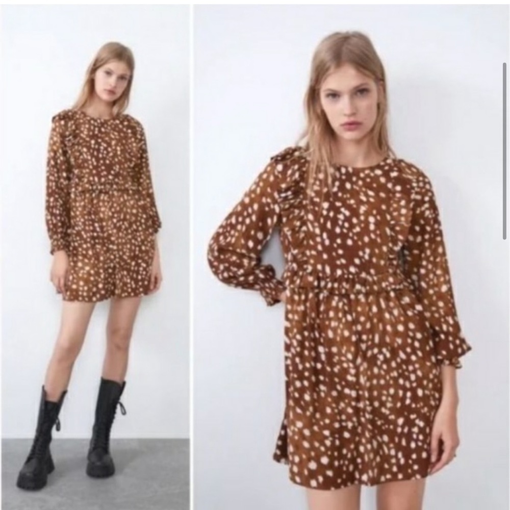 Zara Dress | Deer Print Long Sleeved Ruffle Mini Dress | Brown White Spots Large